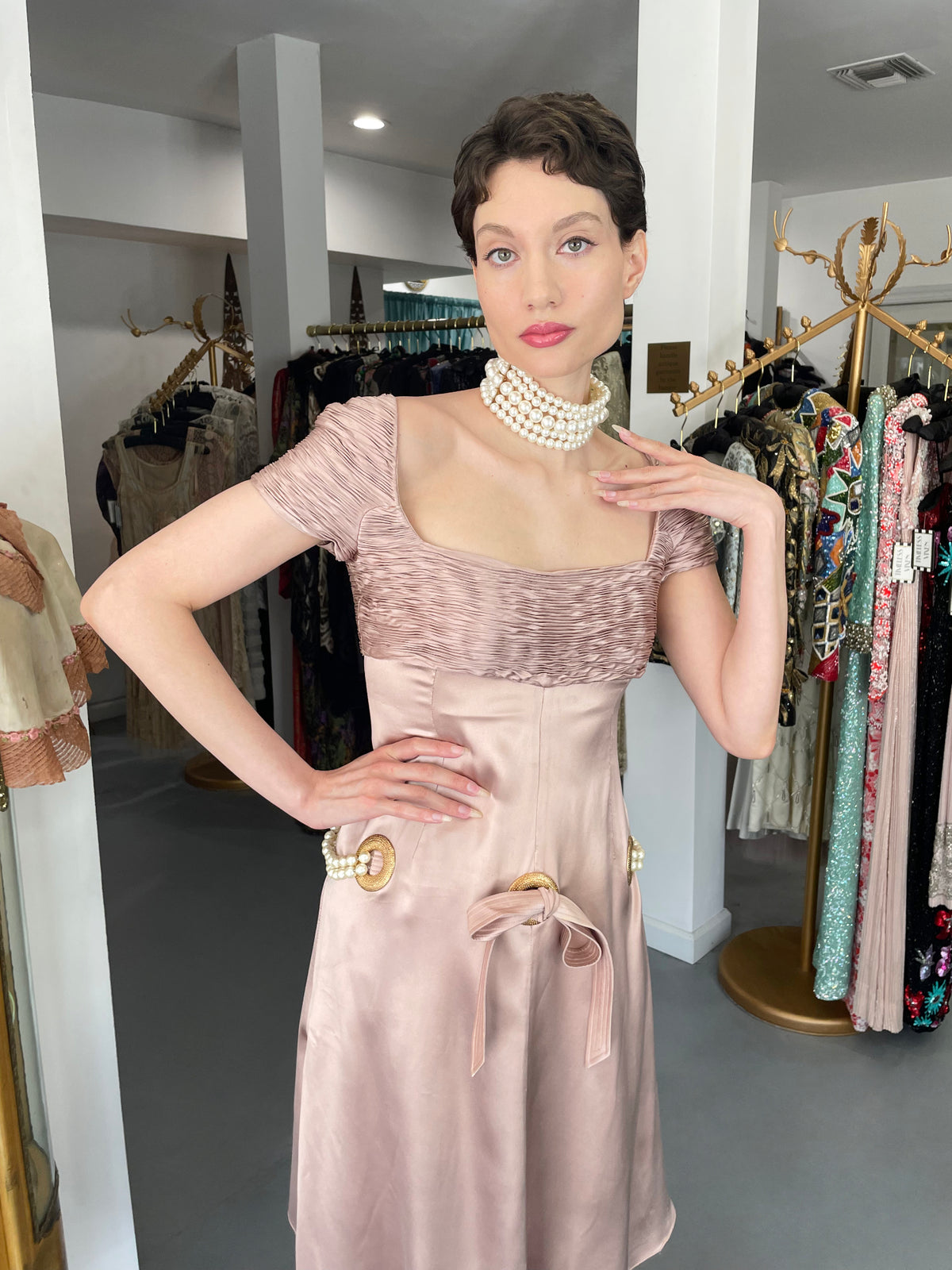 2005 Valentino Runway Blush Pink Silk Pleated Bodice Draped Pearl-Belted Dress