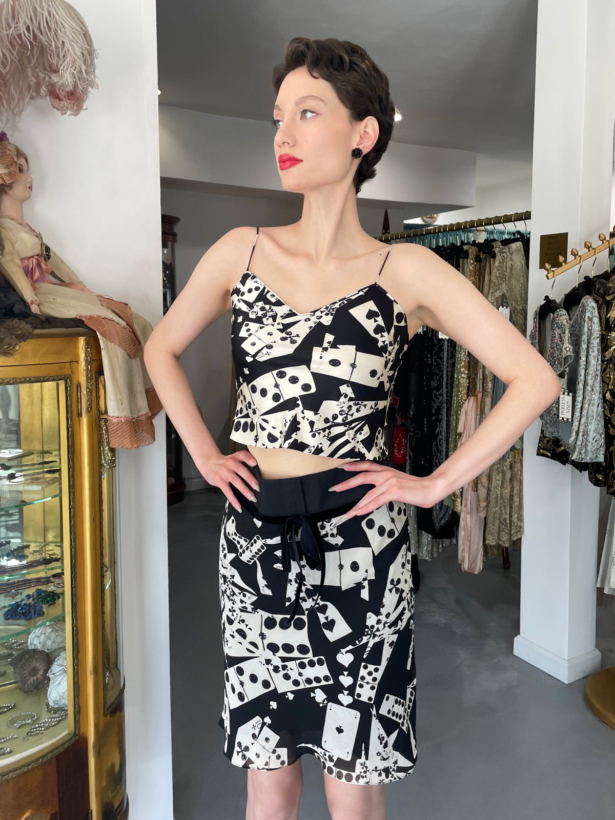 2001 Christian Dior by John Galliano &#39;Playing Cards&#39; Print Silk Cropped Camisole &amp; Skirt