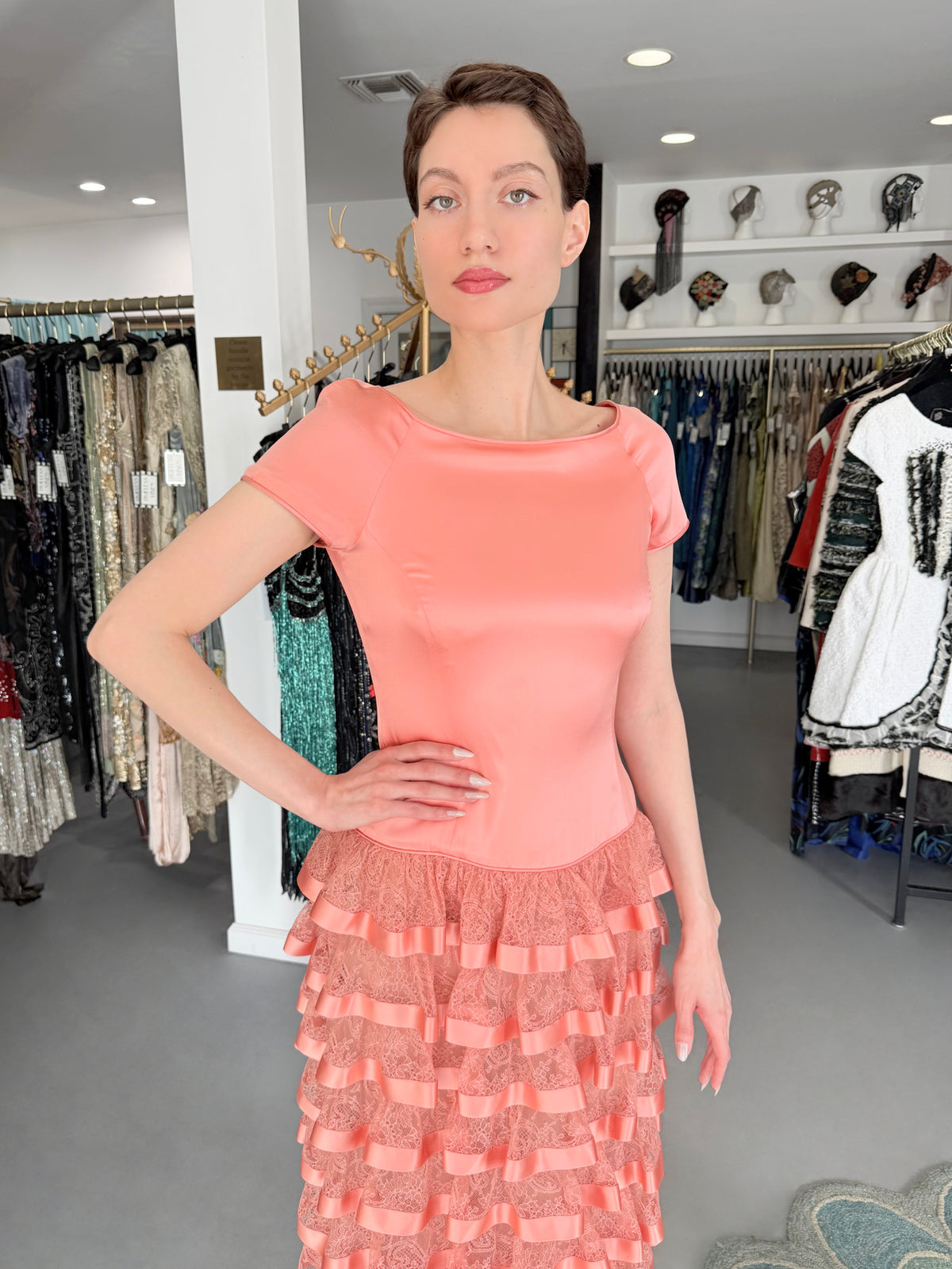 1993 Valentino Runway Blush Pink Silk &amp; Sheer Chantilly-Lace Tiered Ruffle Maxi Dress