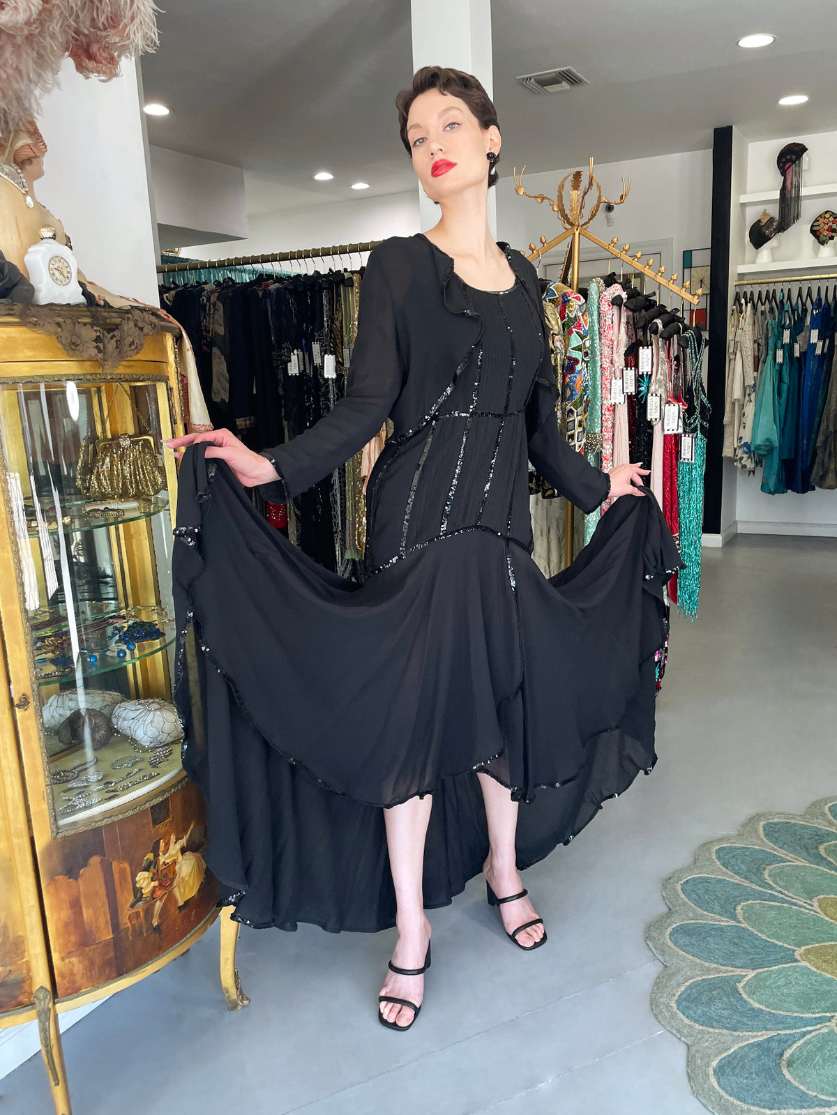 1983 Chanel by Karl Lagerfeld Sequin Pleated Black Silk Crepe High-Low Gown w/ Matching Jacket