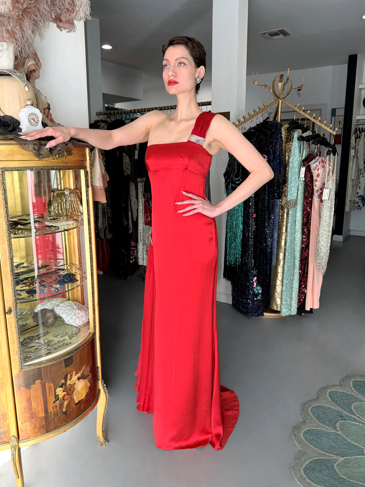 2008 Valentino Ruby Red Sequin Silk Asymmetric One-Shoulder Draped Sash Gown w/Tags