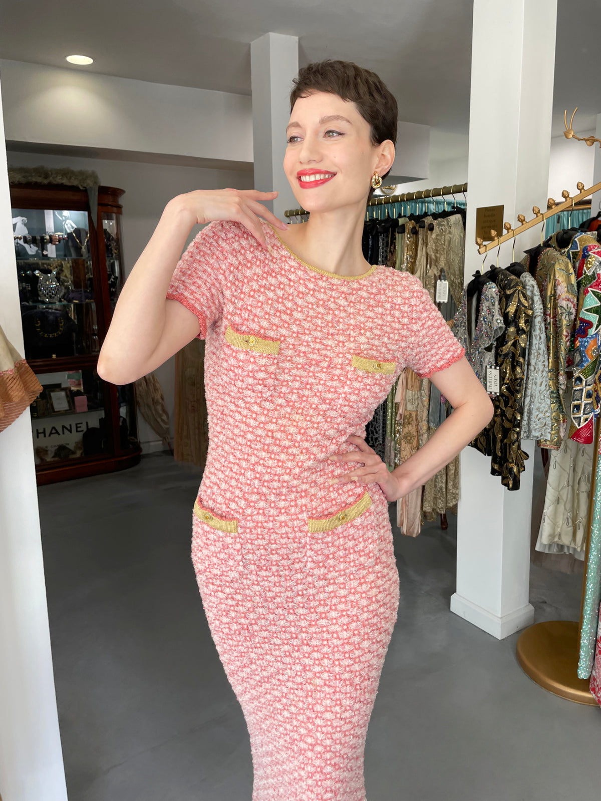 1997 Chanel by Karl Lagerfeld Runway Metallic Pink Stretch Knit Maxi Dress