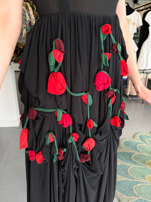 1990 Dolce & Gabbana Black Silk Chiffon Red-Roses Floral Appliqué Dress