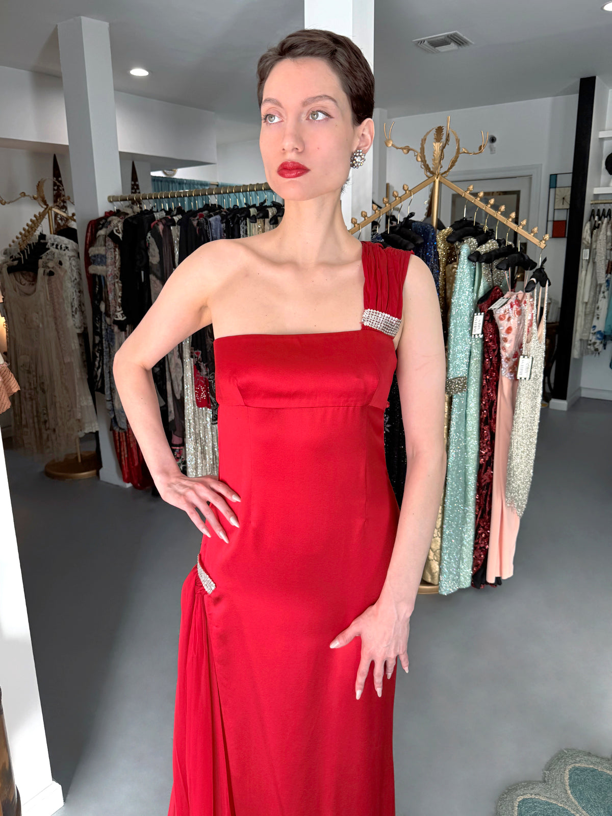 2008 Valentino Ruby Red Sequin Silk Asymmetric One-Shoulder Draped Sash Gown w/Tags