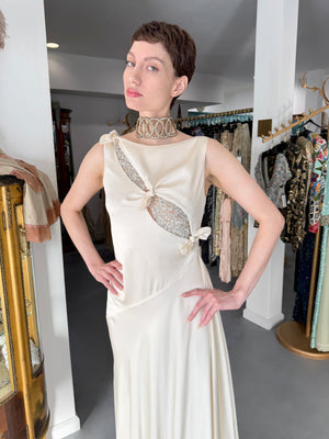 2002 Valentino Candlelight Silk Beaded Sequin Cut Out Ties Draped Bias-Cut Gown