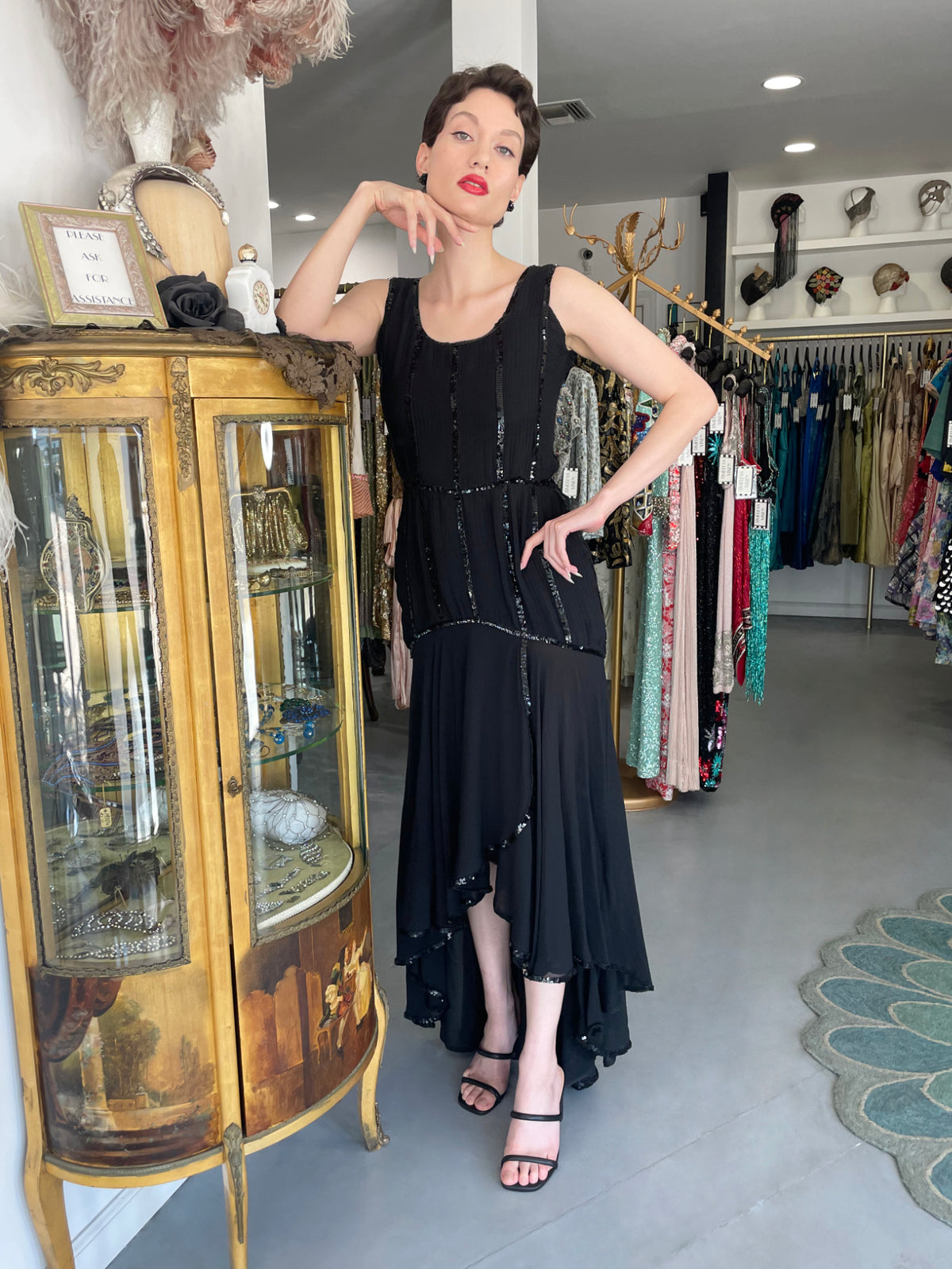 1983 Chanel by Karl Lagerfeld Sequin Pleated Black Silk Crepe High-Low Gown w/ Matching Jacket