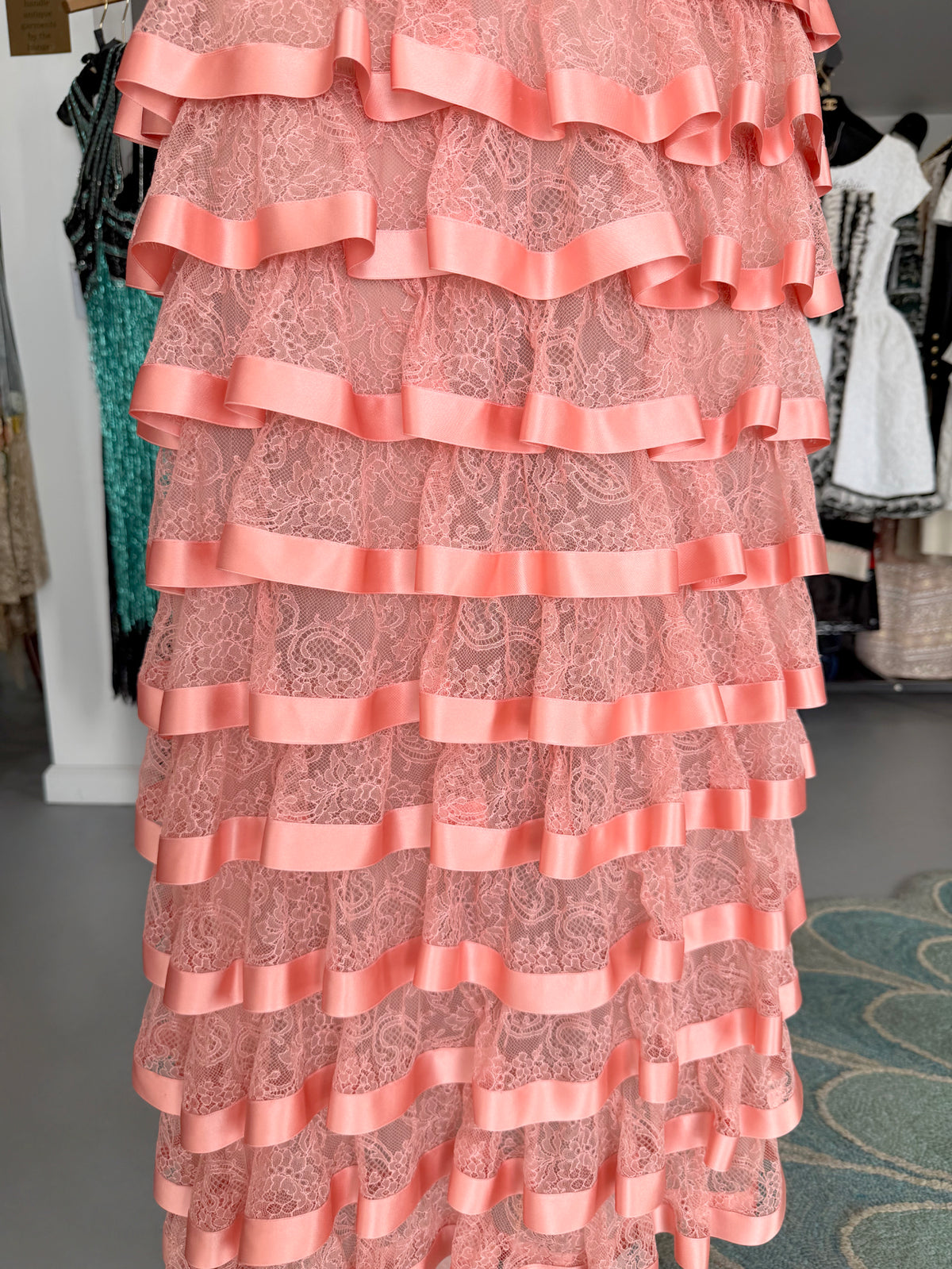 1993 Valentino Runway Blush Pink Silk &amp; Sheer Chantilly-Lace Tiered Ruffle Maxi Dress