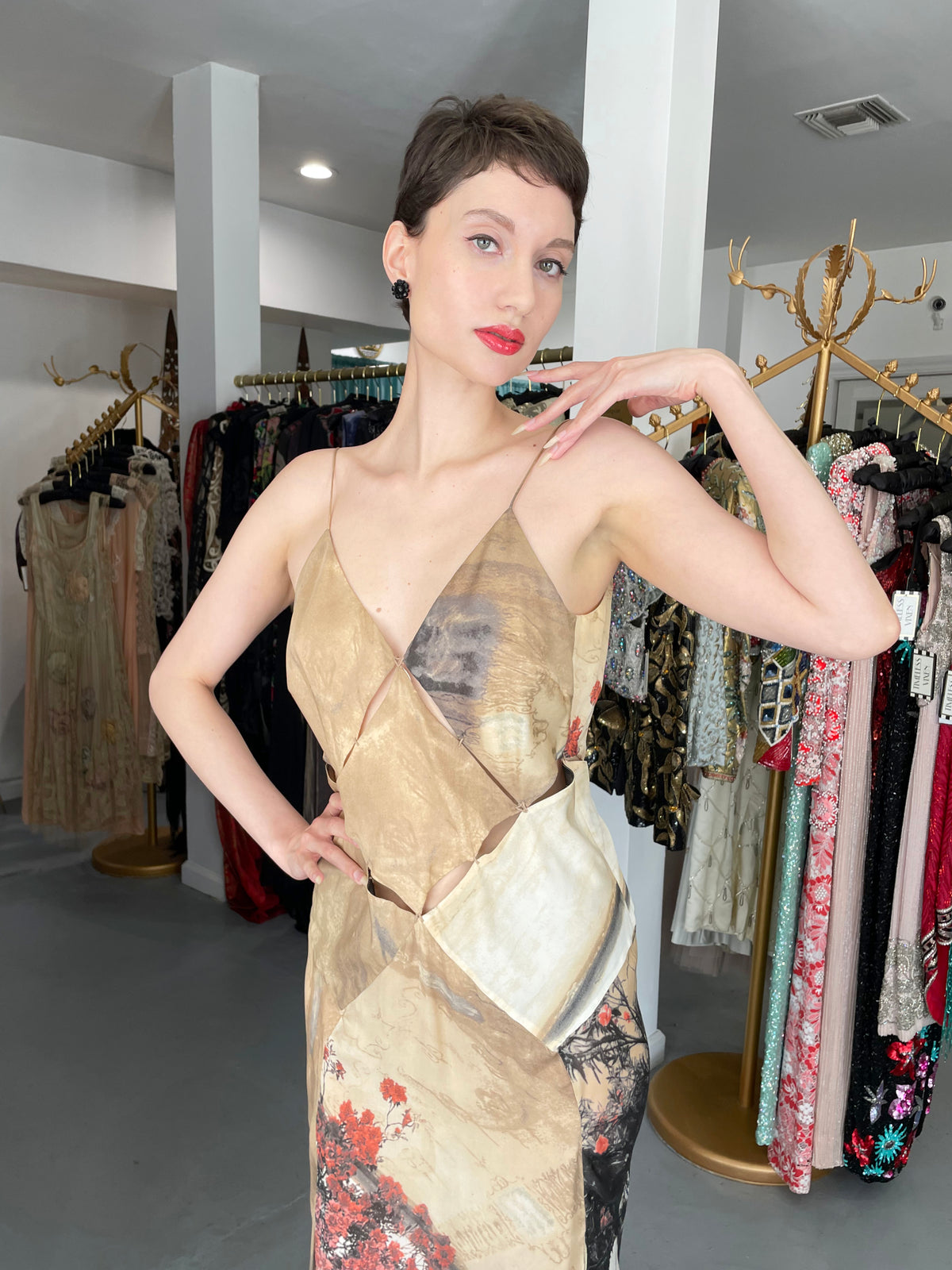 2004 Roberto Cavalli Runway Look 27 Metallic Silk &#39;Lady Print&#39; Cut-Out Gown