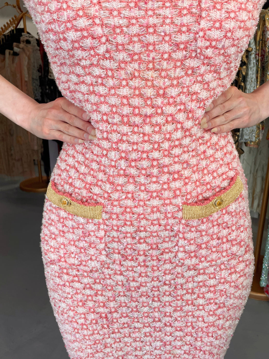 1997 Chanel by Karl Lagerfeld Runway Metallic Pink Stretch Knit Maxi Dress