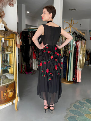 1990 Dolce & Gabbana Black Silk Chiffon Red-Roses Floral Appliqué Dress