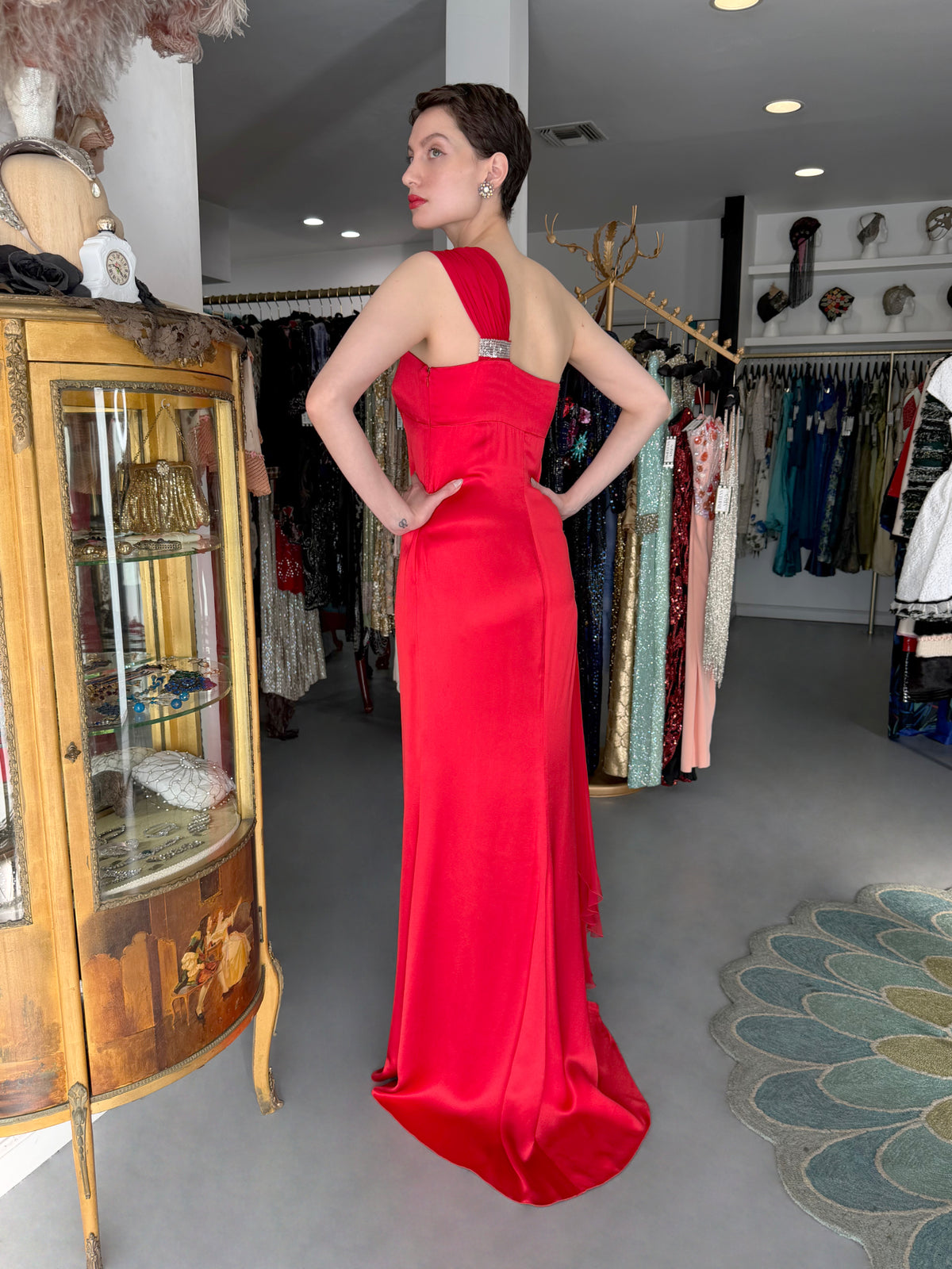 2008 Valentino Ruby Red Sequin Silk Asymmetric One-Shoulder Draped Sash Gown w/Tags