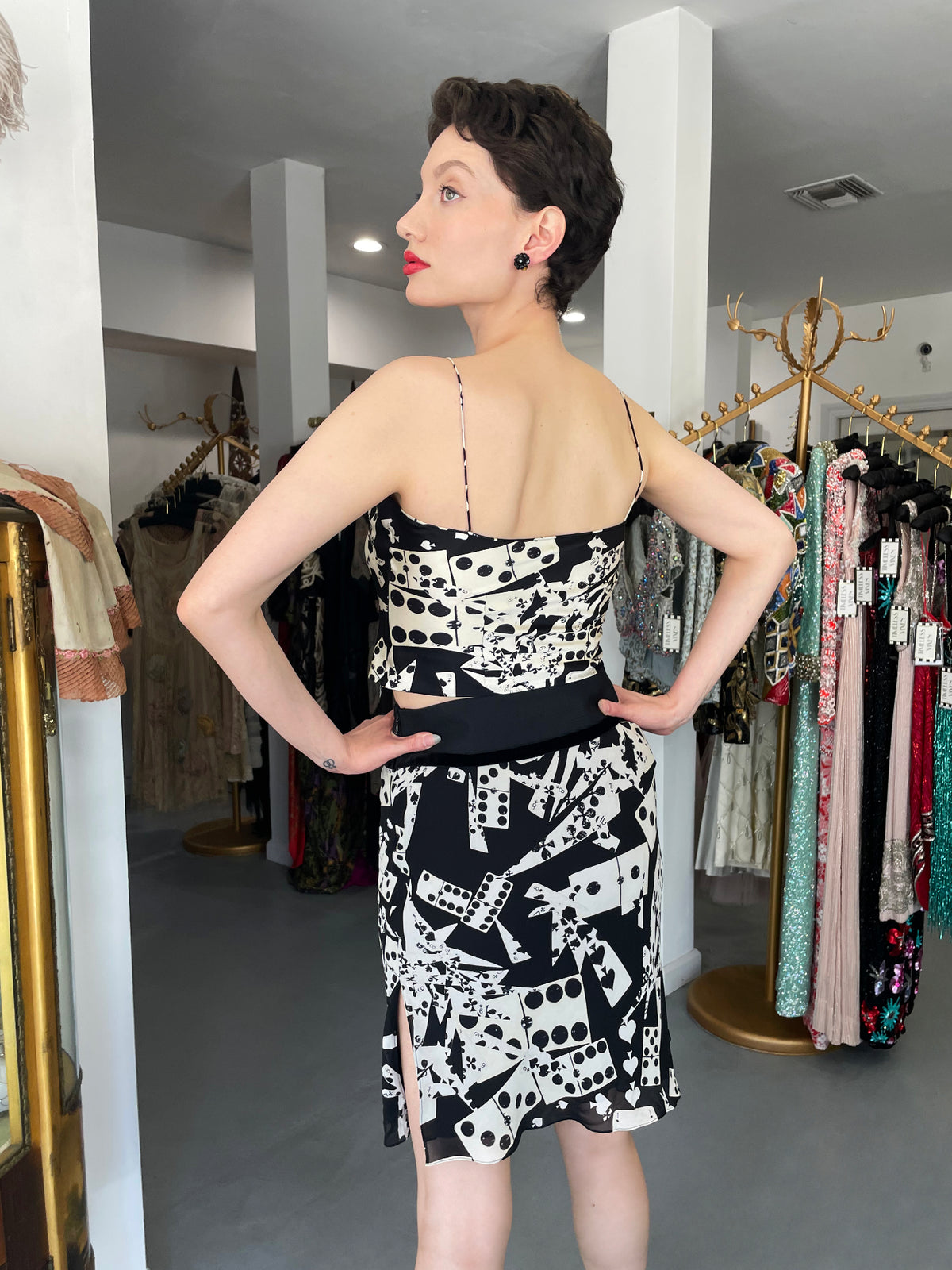 2001 Christian Dior by John Galliano &#39;Playing Cards&#39; Print Silk Cropped Camisole &amp; Skirt