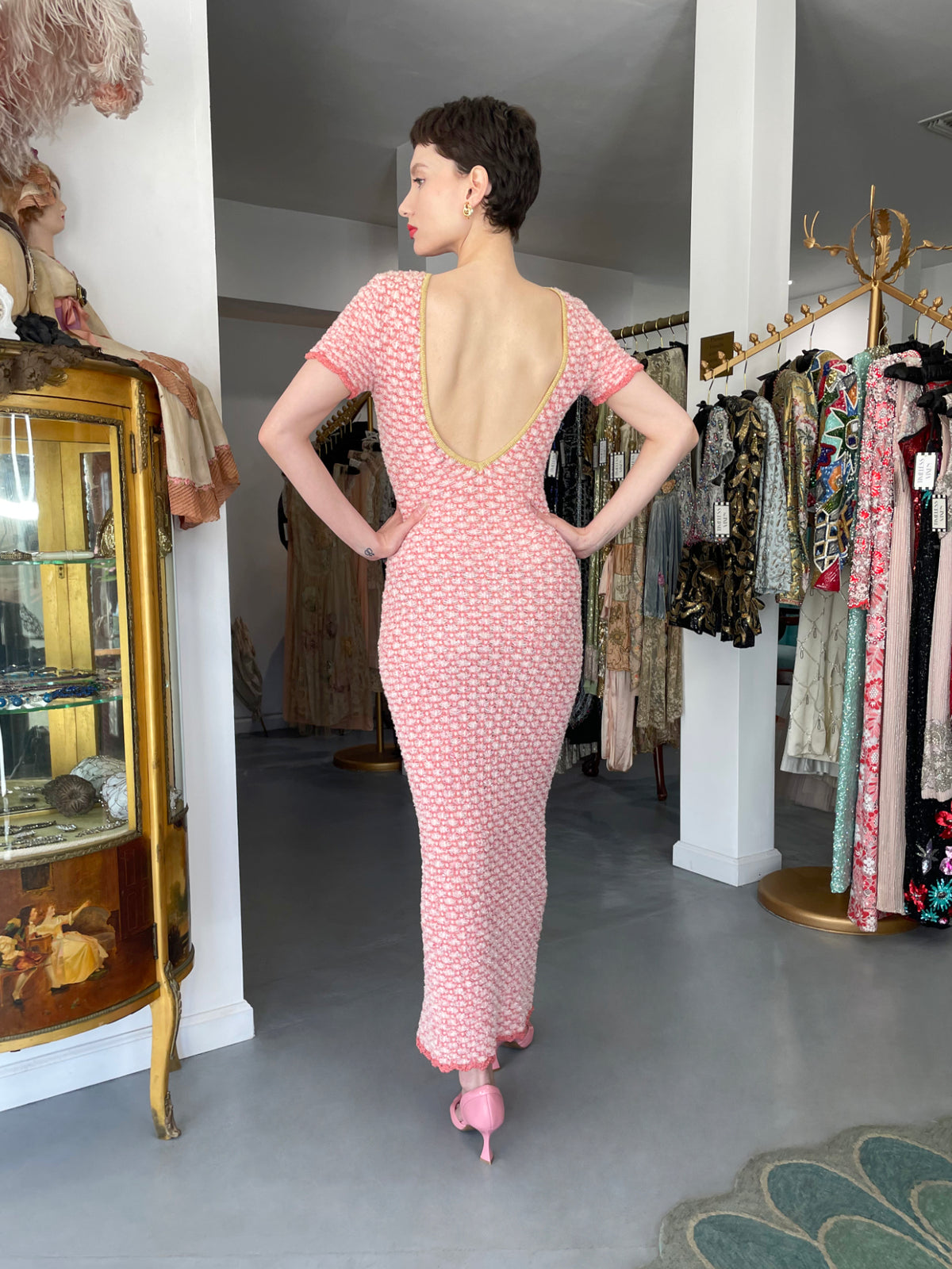 1997 Chanel by Karl Lagerfeld Runway Metallic Pink Stretch Knit Maxi Dress