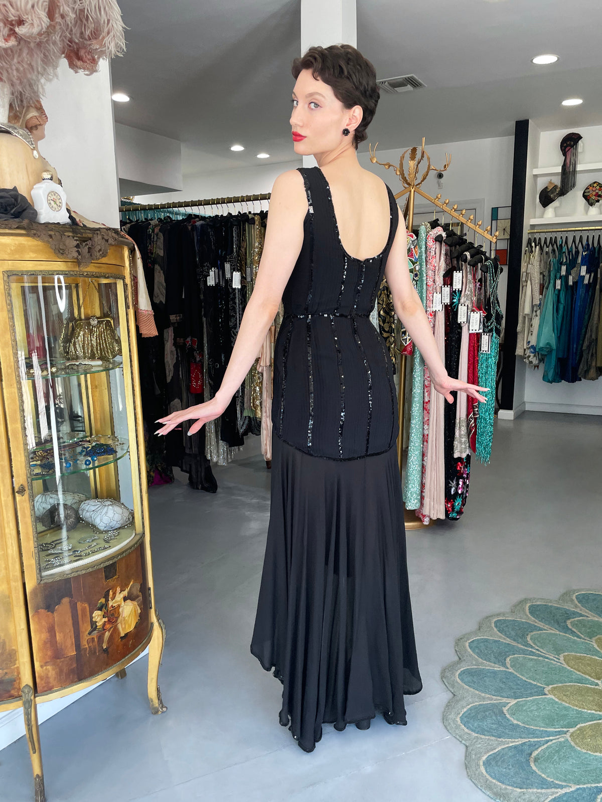 1983 Chanel by Karl Lagerfeld Sequin Pleated Black Silk Crepe High-Low Gown w/ Matching Jacket