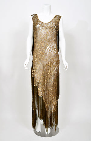 1920's Metallic Gold Lamé Lace Flapper Fringe Margot Robbie Film-Worn Dress