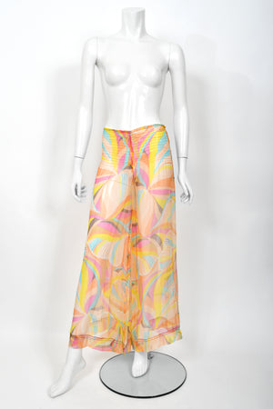 1967 Jean Muir Documented Psychedelic Op-Art Sheer Silk Tunic Mini Dress & Pants