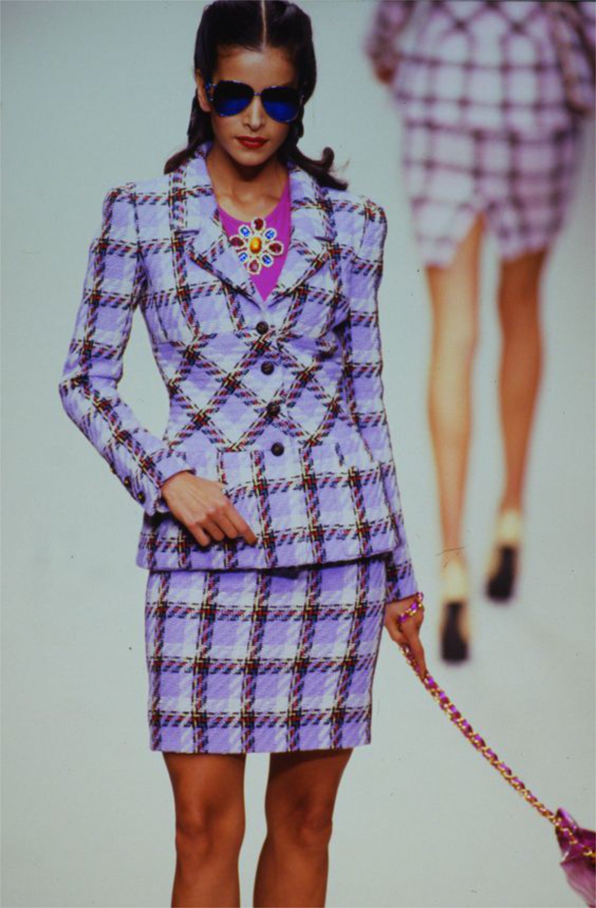 1995 Chanel by Karl Lagerfeld Runway Periwinkle Plaid Wool Barbie Jacket &amp; Skirt