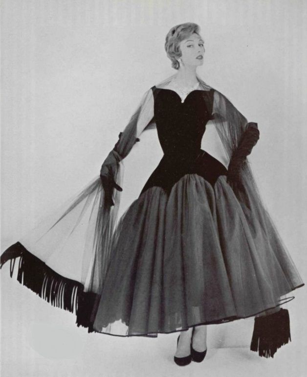 1950’s Edith Small Navy Silk &amp; Rhinestone White Tulle Strapless 'Petal' Dress w/ Shawl