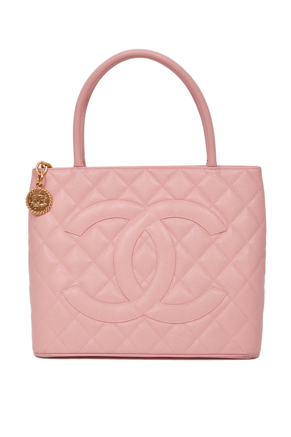 2003 Chanel by Karl Lagerfeld Pale Pink Caviar Leather Medallion Tote Logo Purse