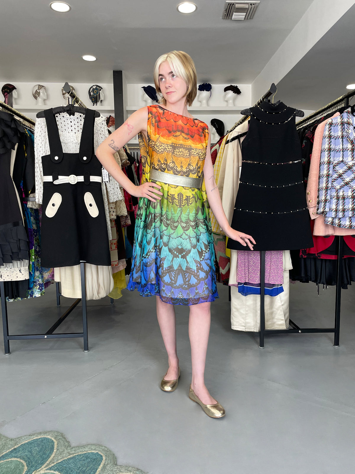 2008 Alexander McQueen Documented Rainbow Butterfly Print Silk Belted Cape Dress