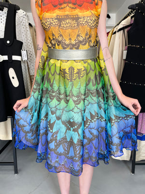 2008 Alexander McQueen Documented Rainbow Butterfly Print Silk Belted Cape Dress