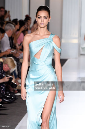 2017 Ralph & Russo Haute Couture Runway Aqua Blue Satin Cut-Out Draped High Slit Gown