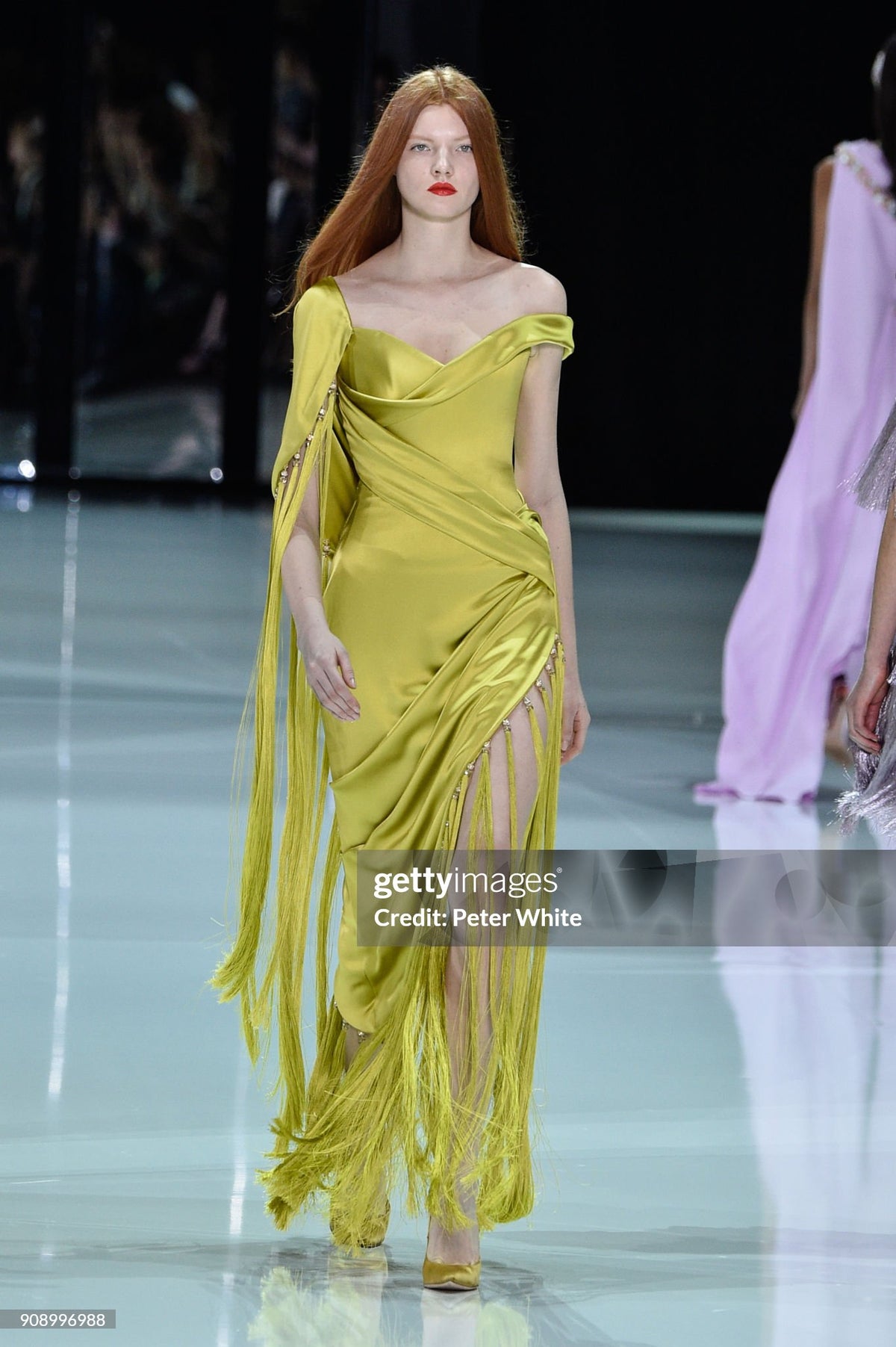 2018 Ralph & Russo Haute Couture Chartreuse Silk Satin Asymmetric Crystal Fringed Gown