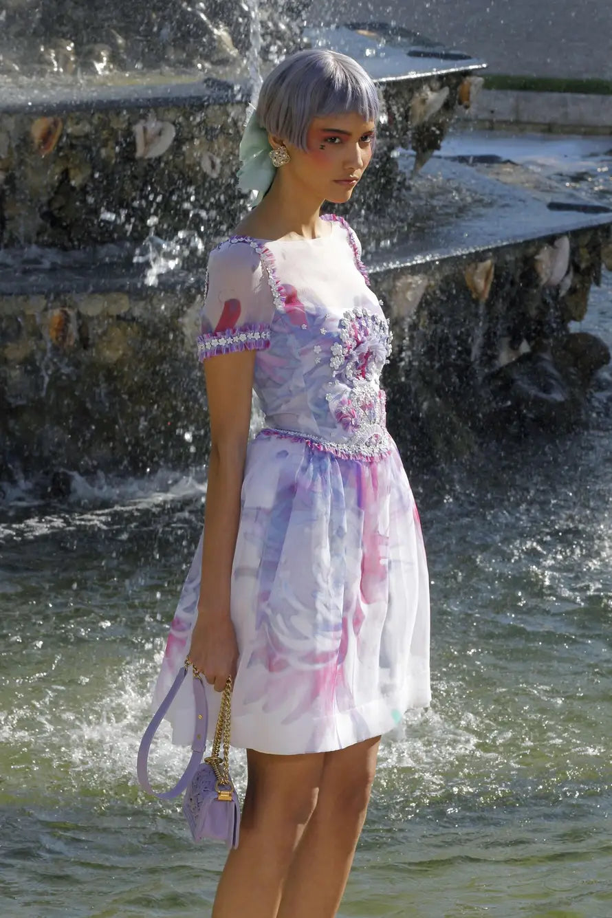 2013 Chanel by Karl Lagerfeld Cruise Collection Beaded Ivory Floral Silk Mini Dress w/Tags