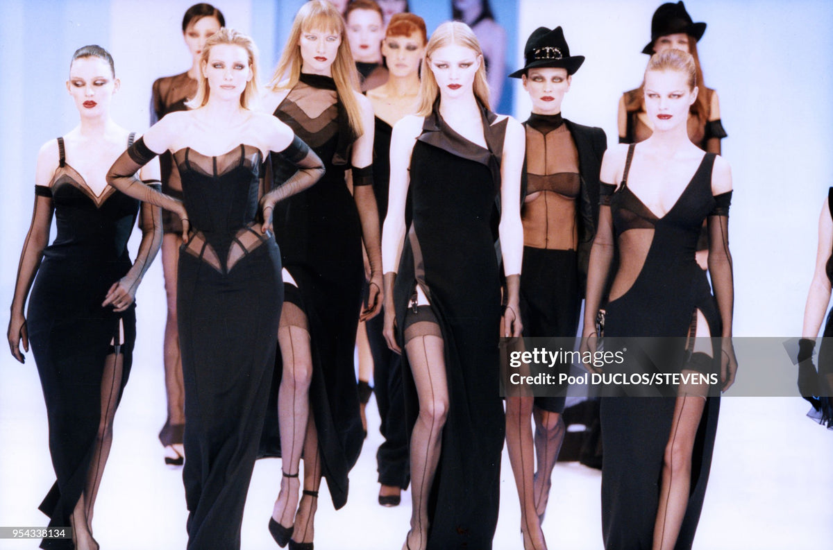 1998 Thierry Mugler Documented Runway Sheer Black Silk Asymmetric High-Slit Gown