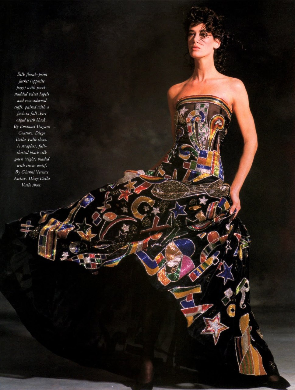 1989 Gianni Versace Haute Couture Beaded Circus Novelty Strapless Gown and Shawl