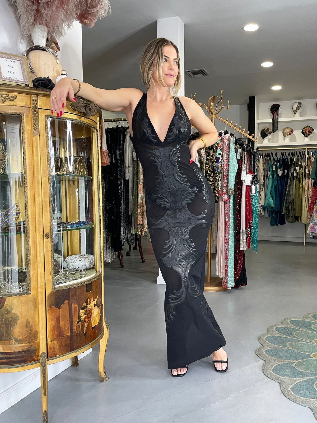 2002 Roberto Cavalli Black Leather Appliqué Sheer Mesh Low-Cut Hourglass Gown