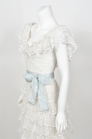 1975 Chanel Haute Couture White Dotted Organza Off-Shoulder Tiered Ruffle Gown