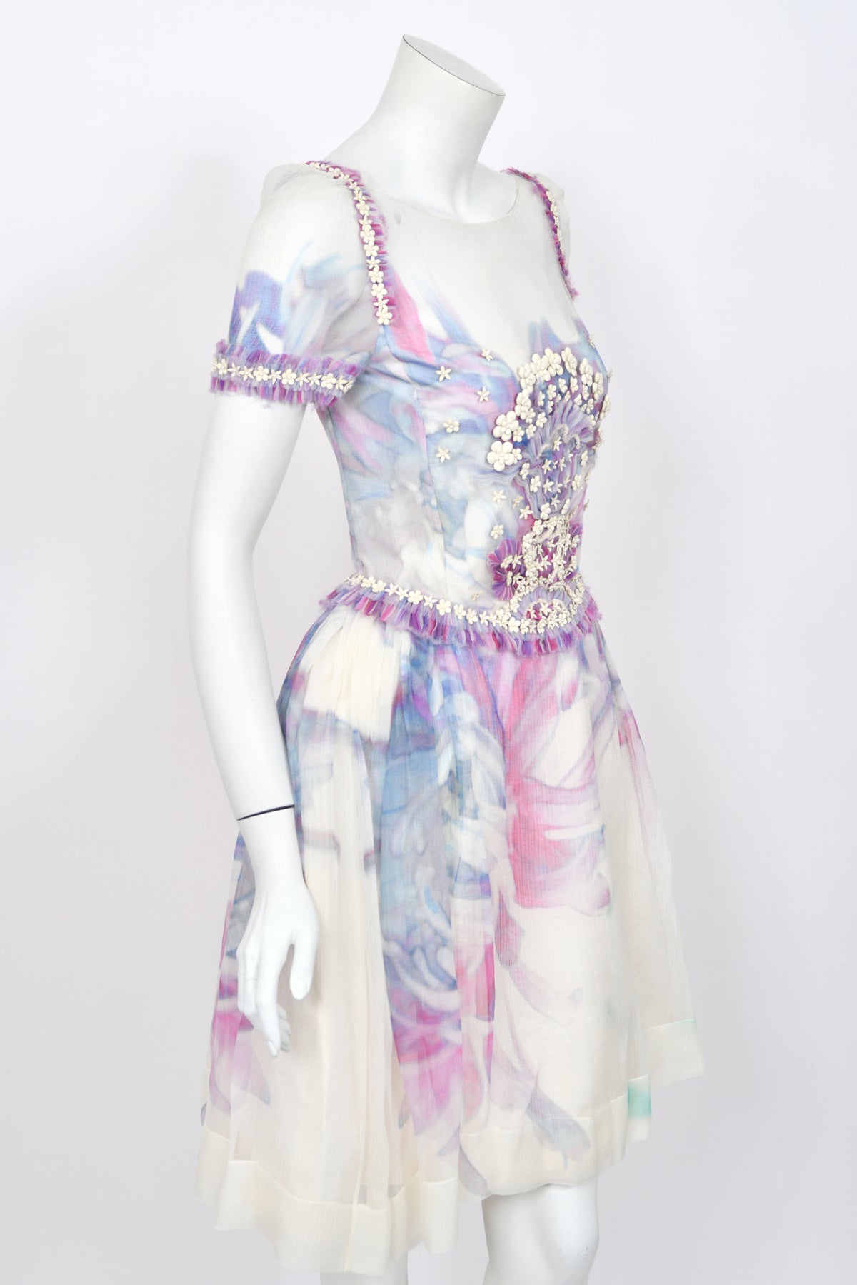 2013 Chanel by Karl Lagerfeld Cruise Collection Beaded Ivory Floral Silk Mini Dress w/Tags