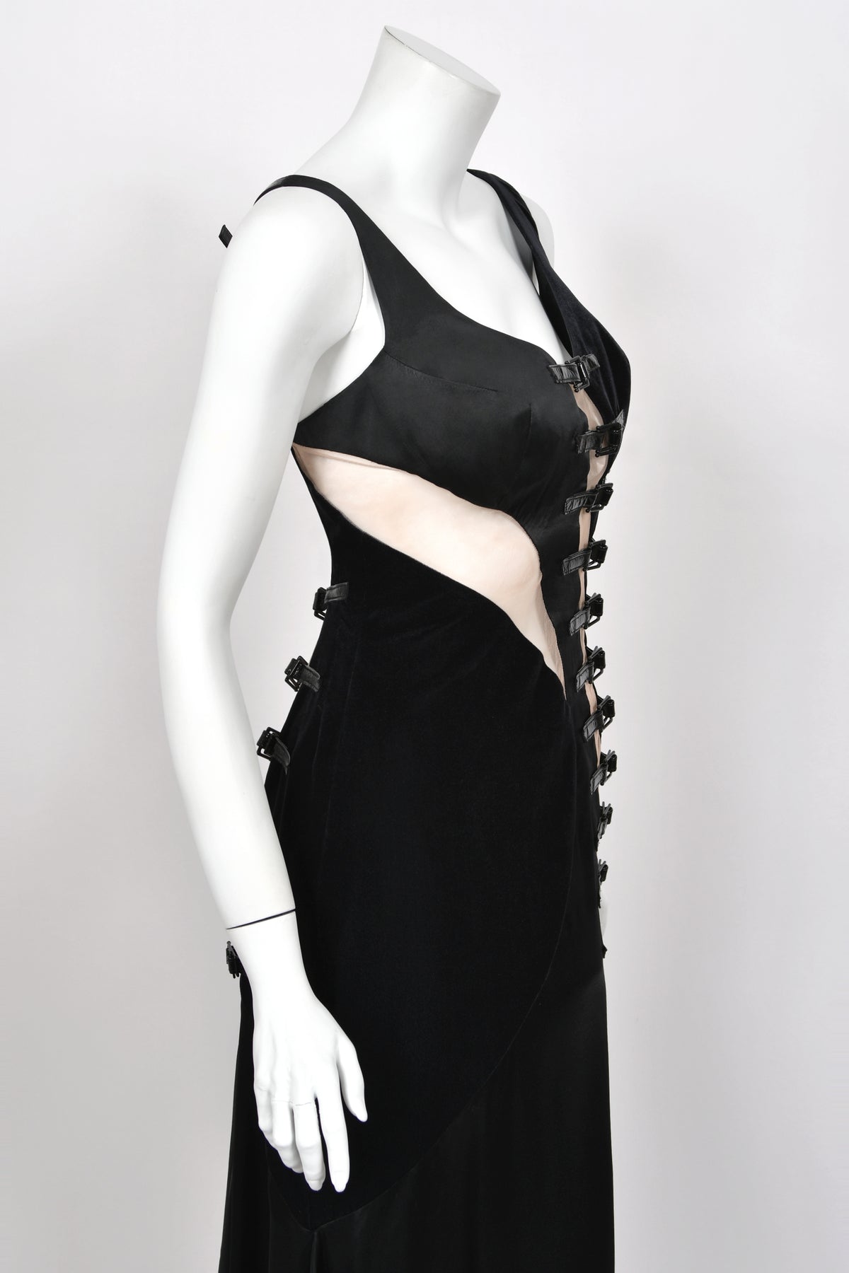 2004 Versace Runway Black Silk & Velvet Sheer-Illusion Buckle Trimmed High Slit Gown