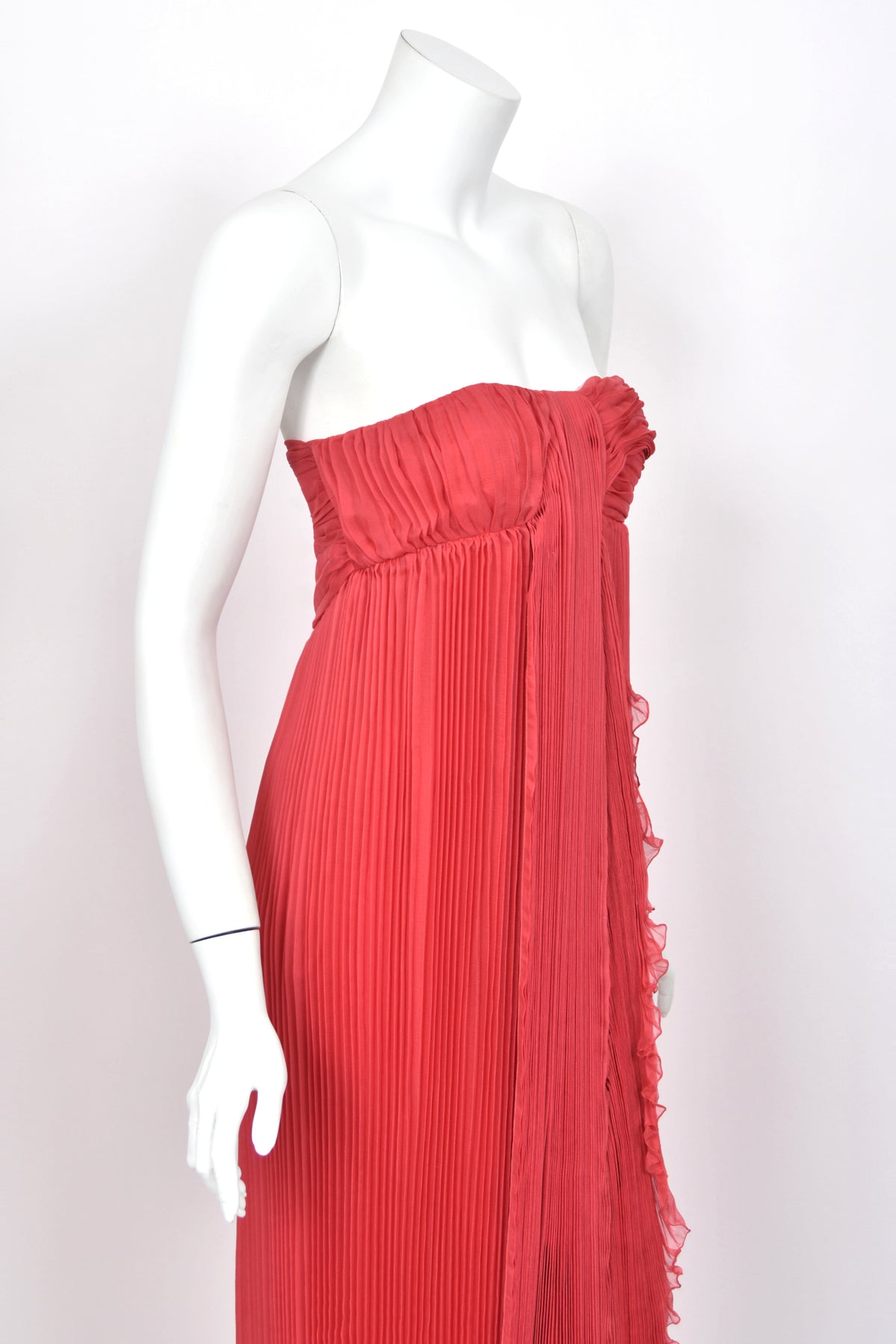 2007 Christian Dior by John Galliano Heavily-Pleated  Raspberry Silk Strapless Bustier Gown