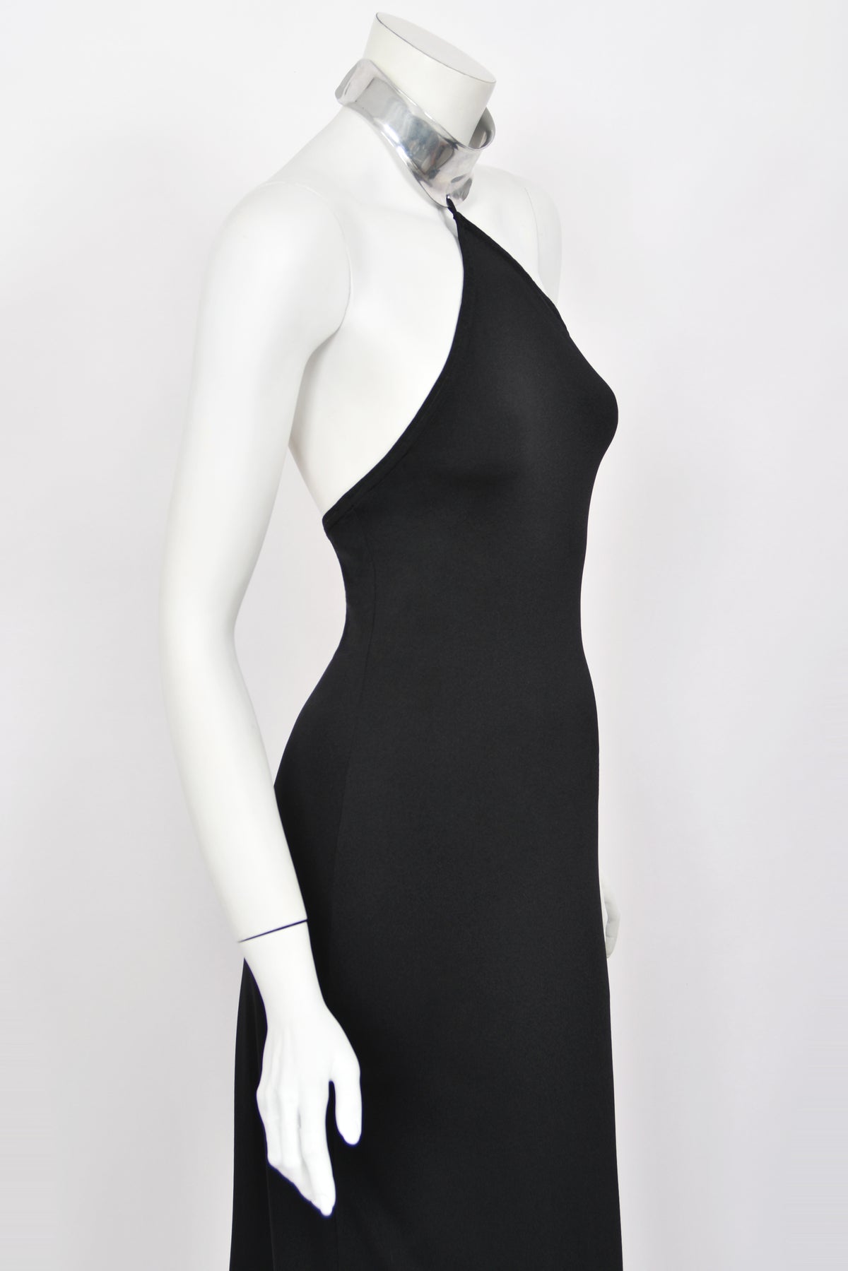 1975 Rudi Gernreich Documented Metal-Collar Black Jersey High-Slit Maxi Dress