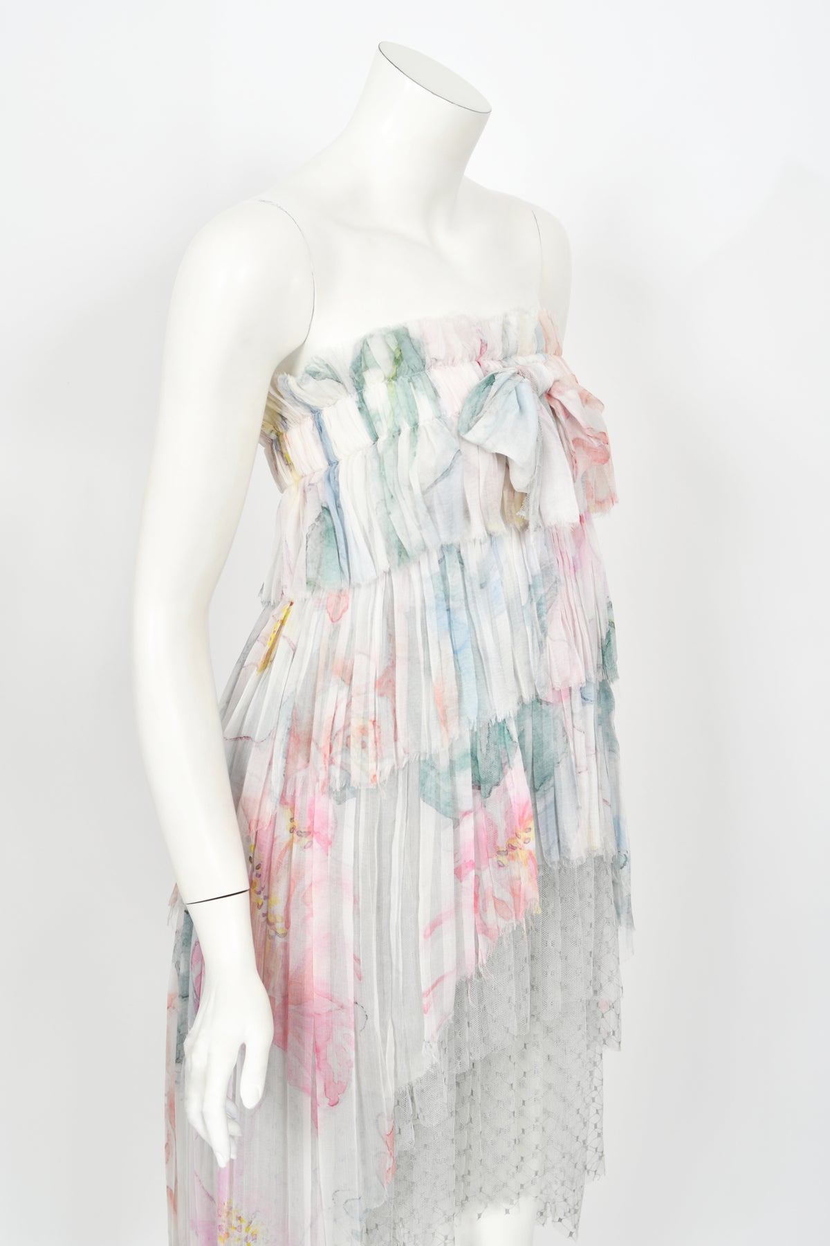 2013 Chanel by Karl Lagerfeld Pastel Floral Silk &amp; Sheer Tulle Strapless Dress
