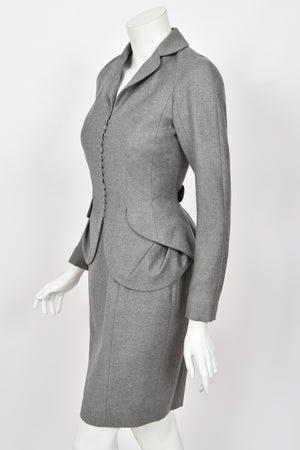1998 John Galliano ‘Cabaret’ Collection Charcoal Gray Wool Dress & Peplum Jacket Suit