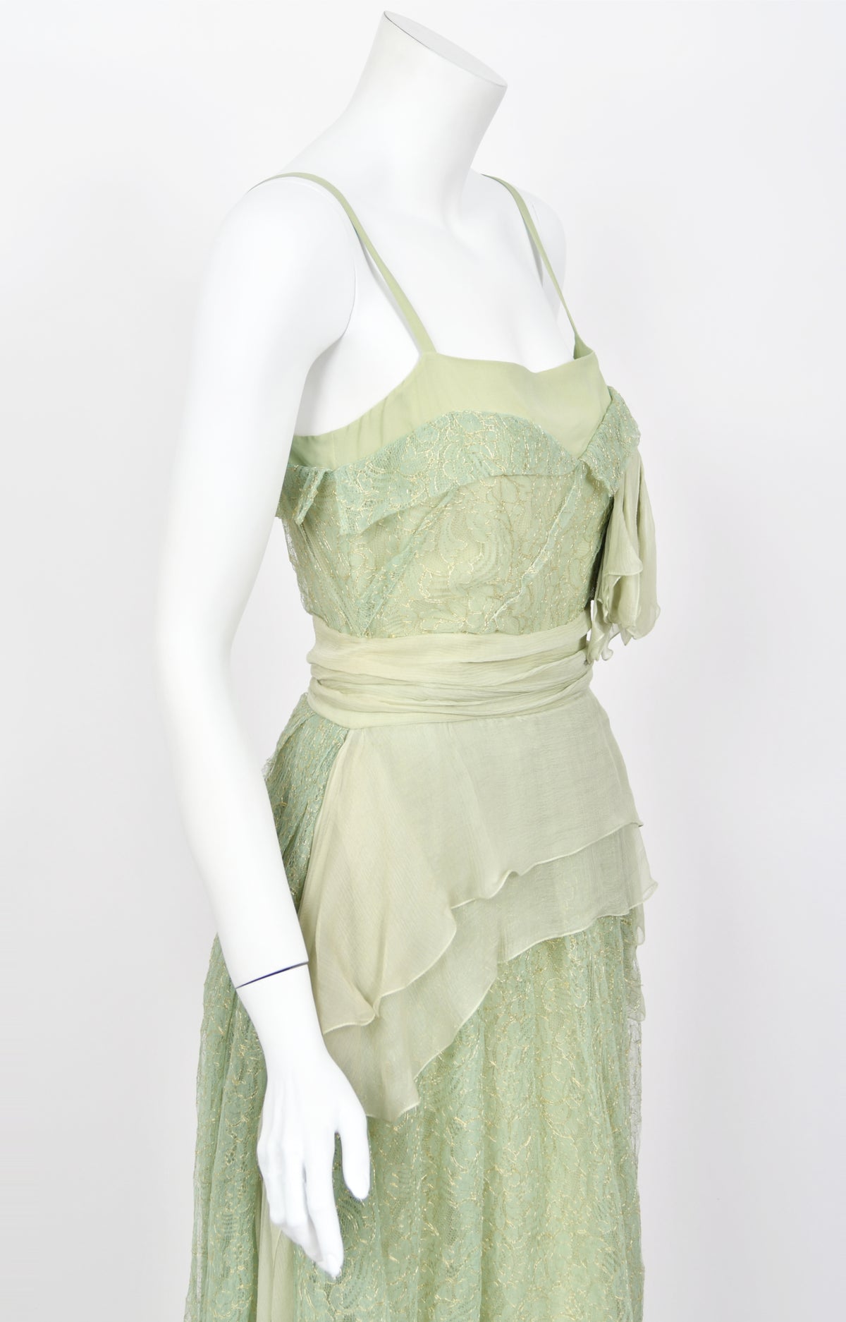 2007 John Galliano Metallic Mint-Green Lace &amp; Sheer Silk Tiered Ethereal Gown w/Tags