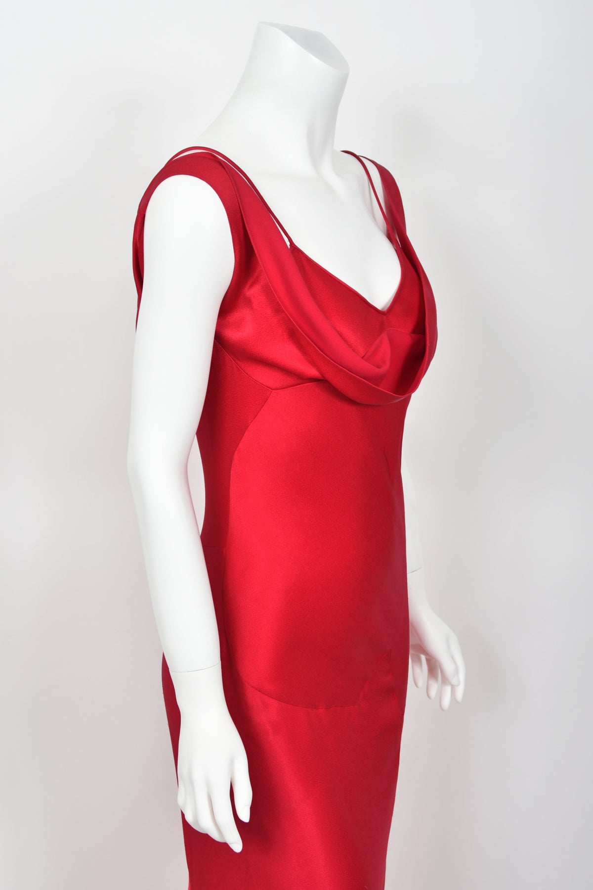 1994 John Galliano Ruby Red Off Shoulder Bias-Cut Gown Worn by Raquel Welch