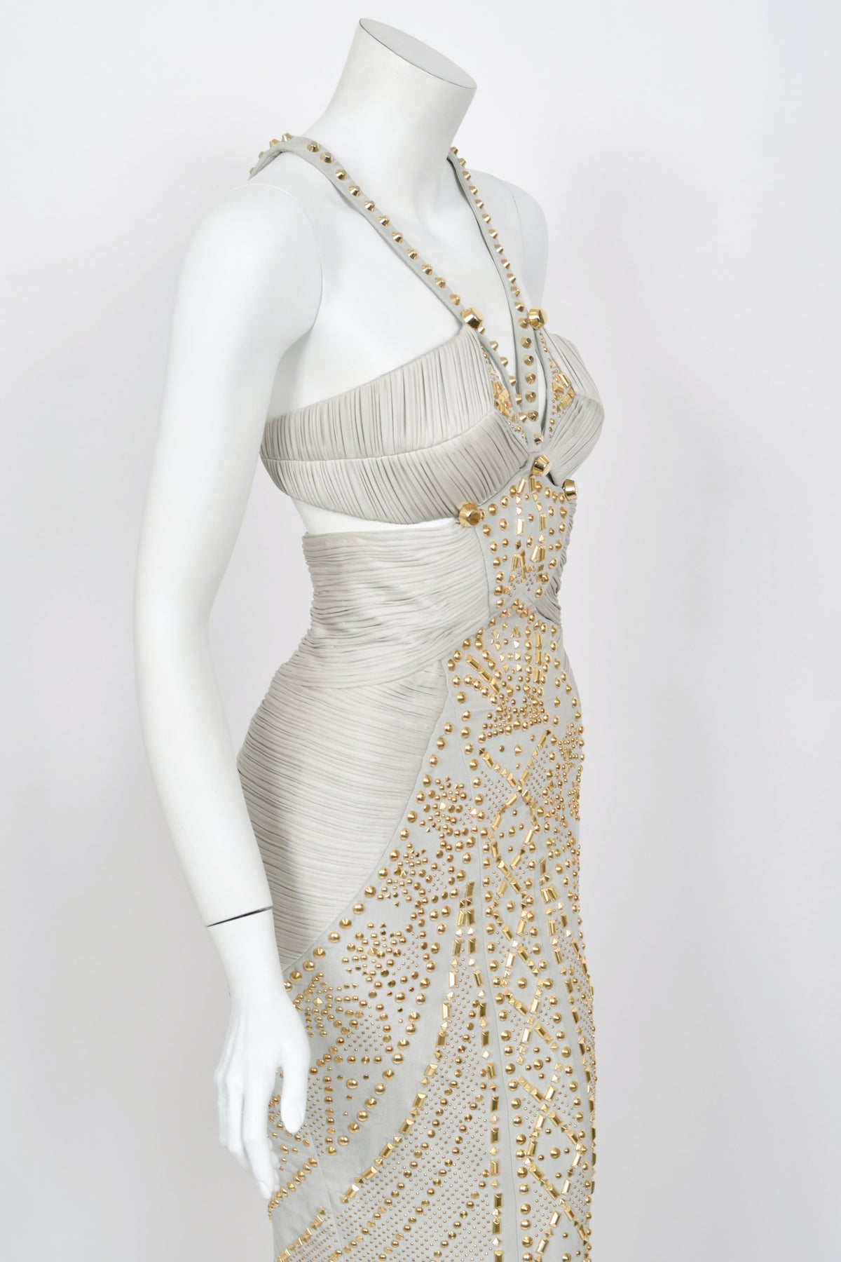 2012 Versace Runway Gold Studded Pale Dove Gray Silk Jersey Hourglass Gown