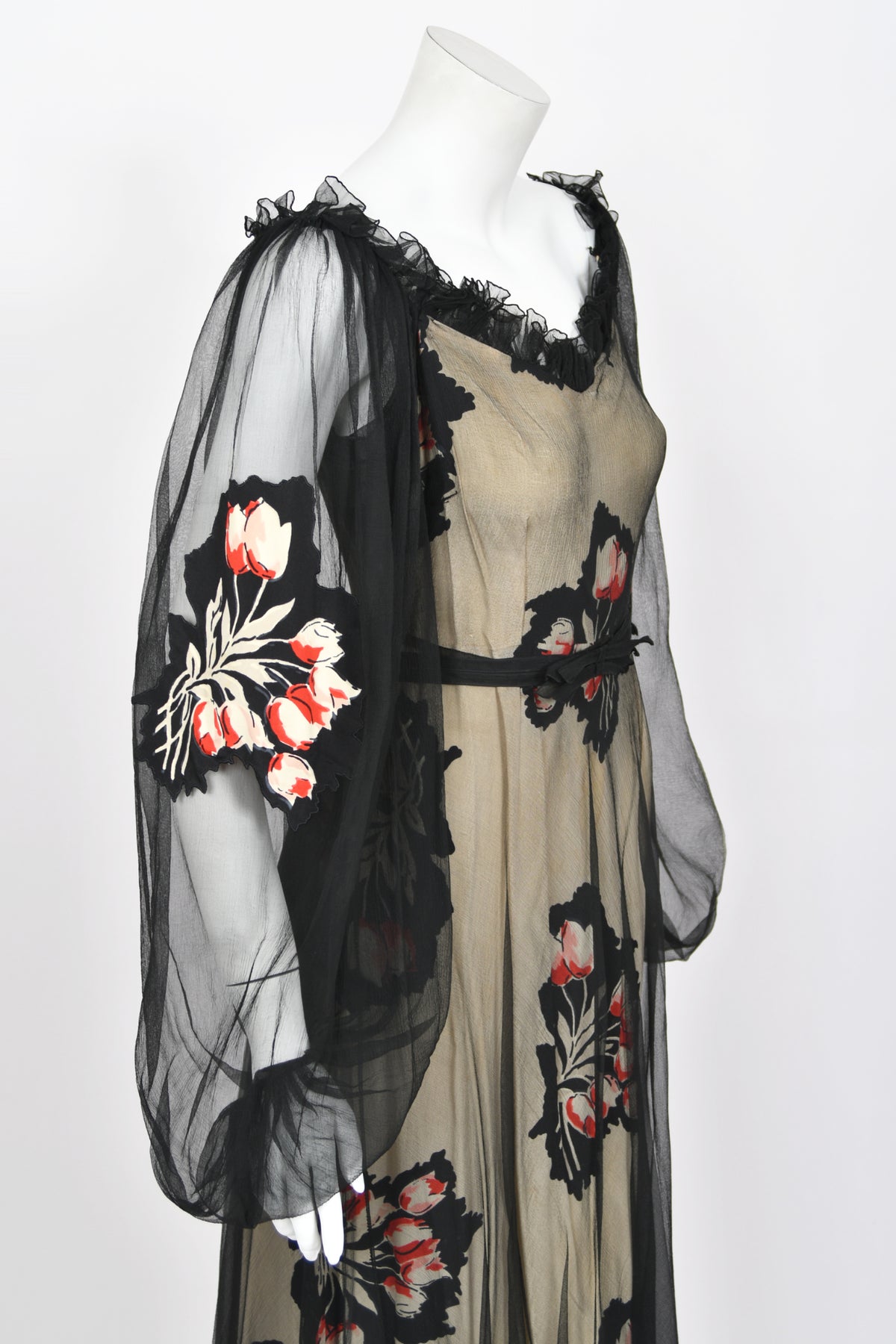 1936 Ginger Rodgers for Lettie Lee ‘Old Hollywood’ Floral Silk Appliqué Billow Sleeve Dress