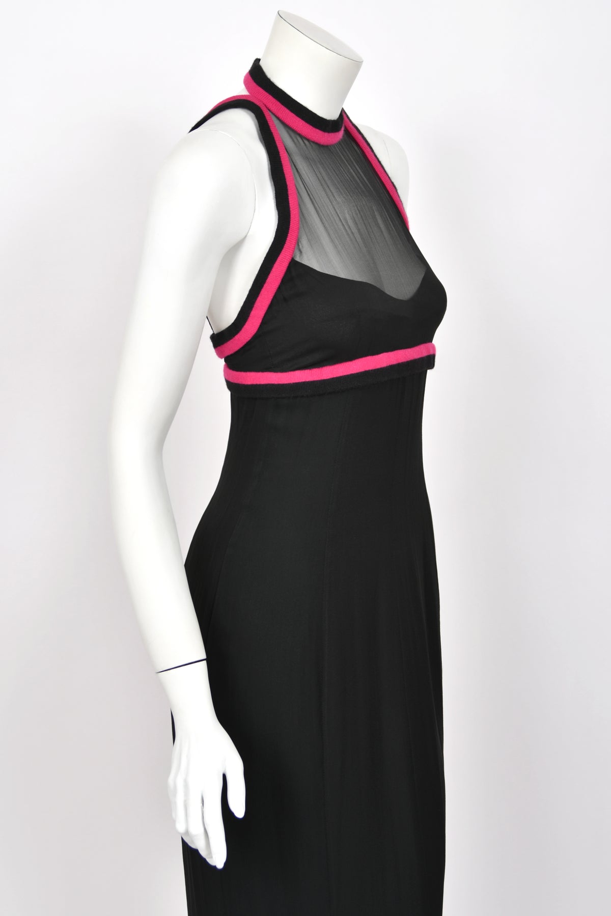 1994 Chanel by Karl Lagerfeld Black Sheer Silk Chiffon Pink Cashmere Trimmed Maxi Dress w/ Shawl