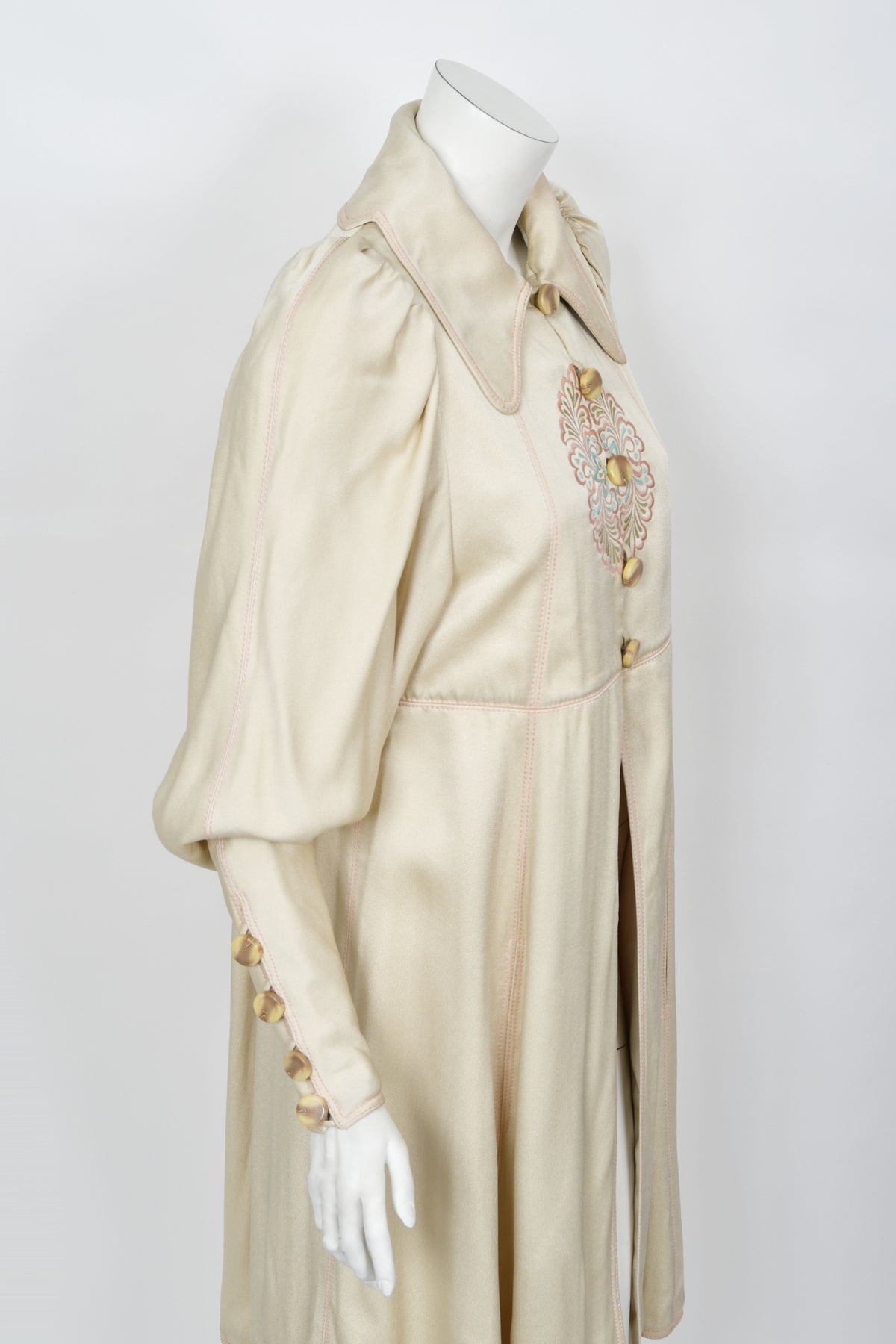 1973 Bill Gibb Couture Embroidered Ivory Satin Mutton-Sleeve Jacket &amp; Vest