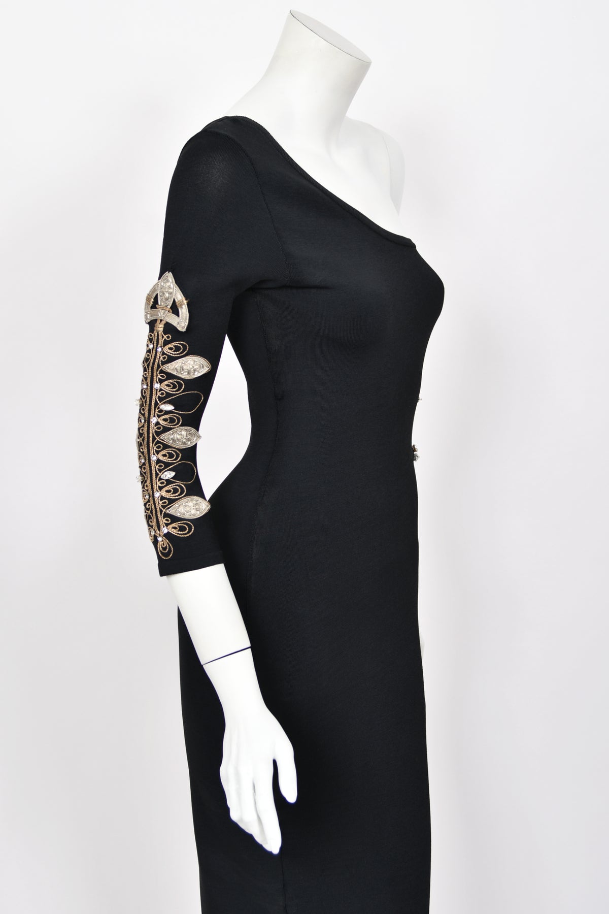 1994 Christian Dior Runway Metallic Embroidered Black Stretch Silk One-Sleeve Hourglass Dress