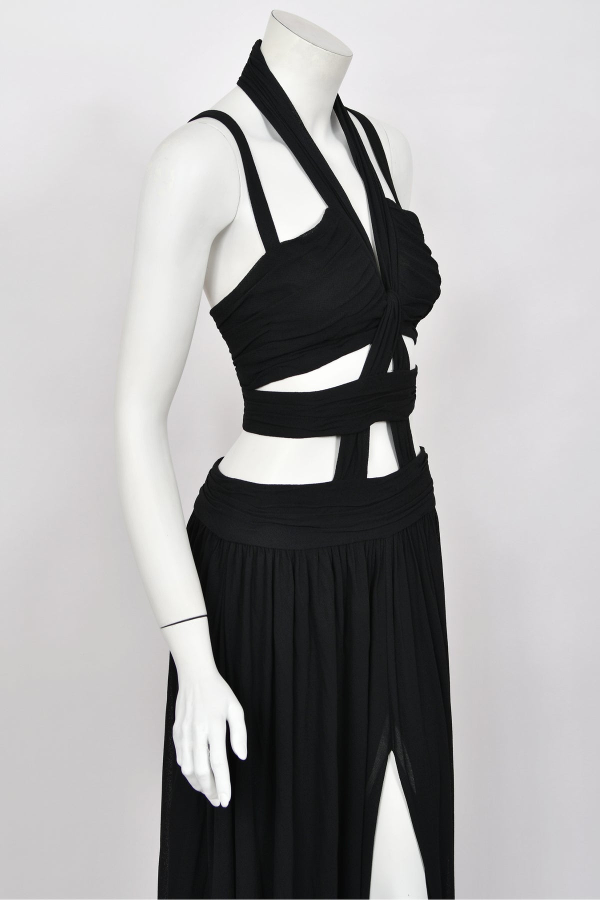 1995 Chanel by Karl Lagerfeld Iconic Runway Campaign Black Cut-Out High Slit Maxi Dress