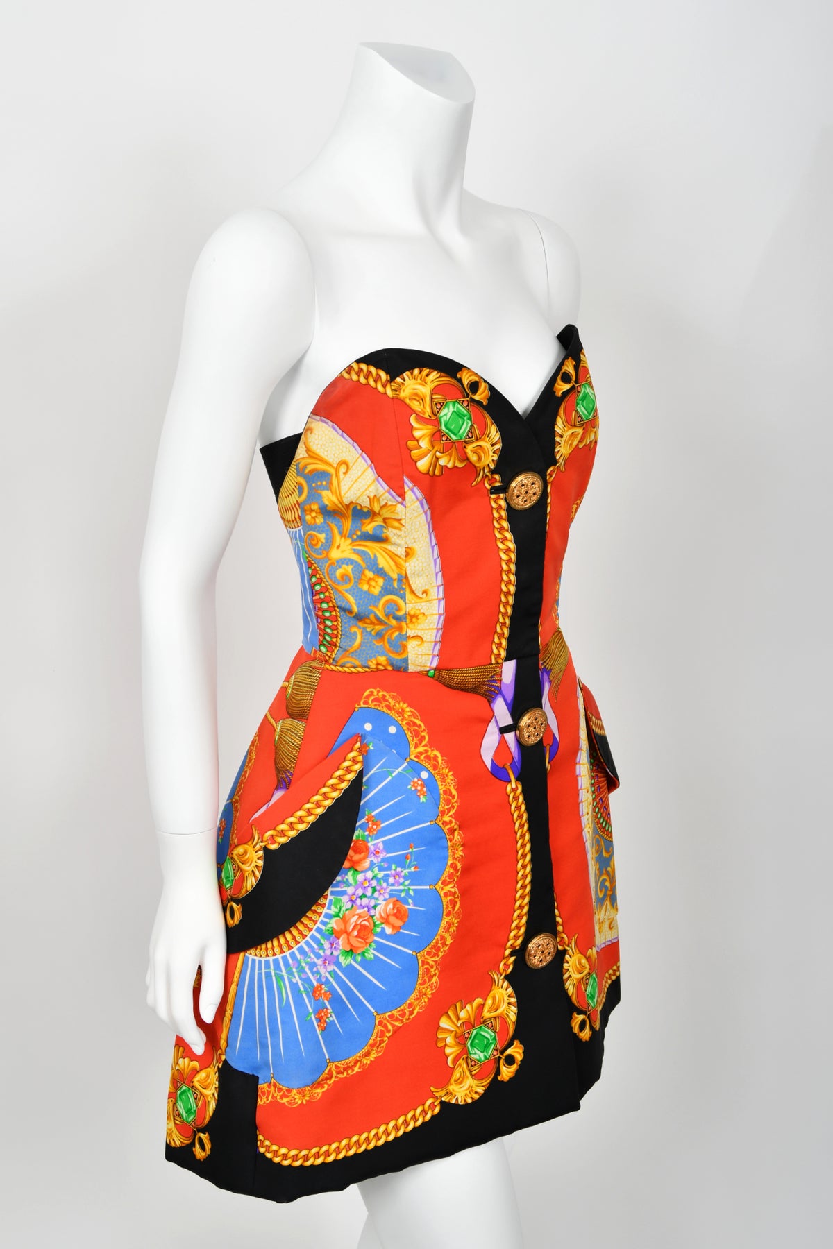 Vintage 1991 Gianni Versace Documented Runway Baroque Print Silk Strapless Mini Dress Timeless Vixen