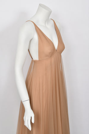 1998 Tom Ford for Gucci Runway 'Gisele' Nude Illusion Tulle Low-Cut Plunge Gown