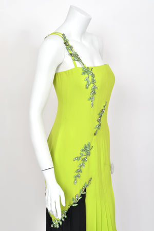 1997 Gianni Versace Lifetime Runway Lime Green & Black Embellished Silk High-Low Dress