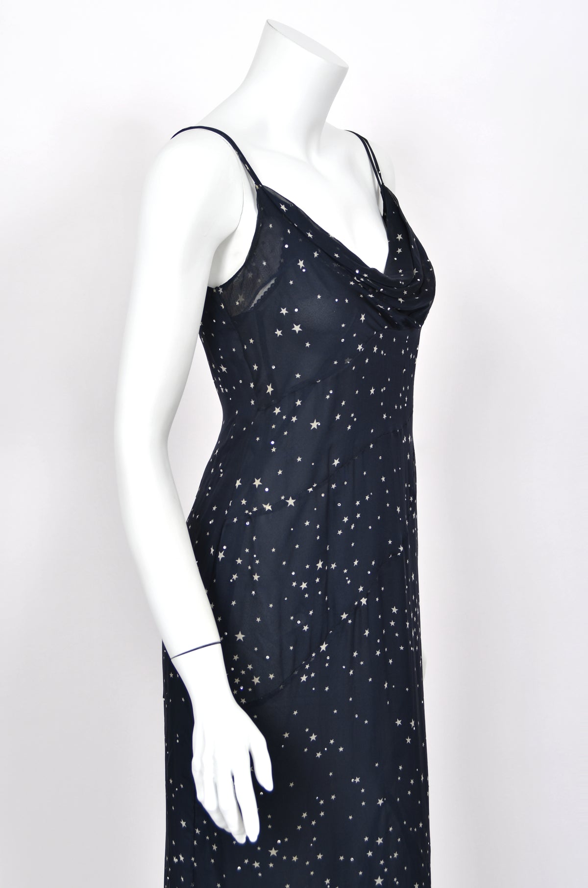 1998 Moschino Runway Navy Blue Sheer Silk Chiffon Star Motif Rhinestone Maxi Slip Dress